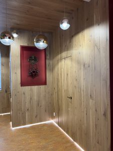 Walls and ceiling finished with light-toned oak.